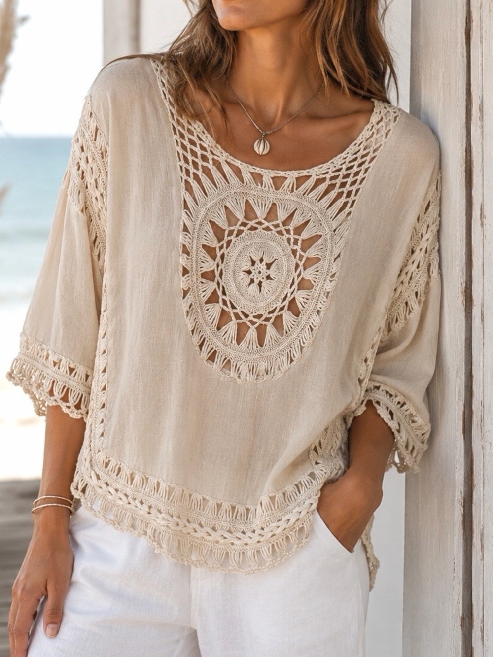 Vintage Boho Festival Cream Crochet Mandala Blouse Top